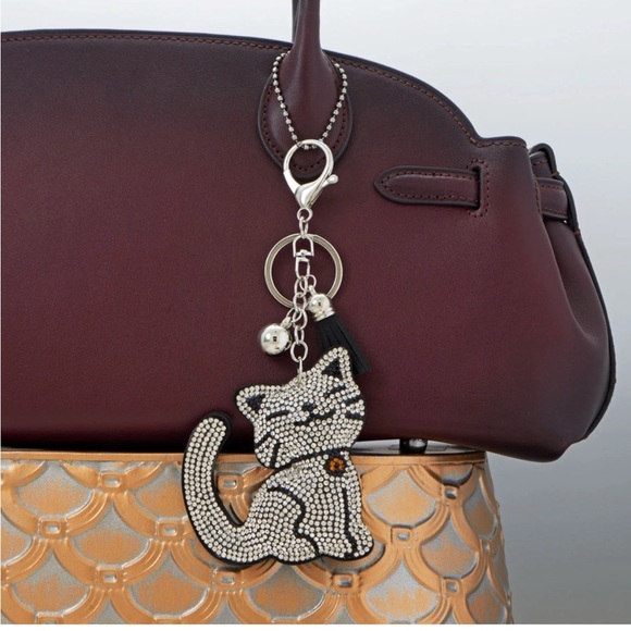 Crystal Kitty Cat Bag Charm Keychain with Silver Tone Hardware Tassel New - Picture 3 of 8